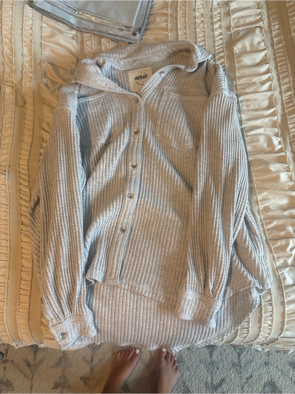 aerie Light Gray Ribbed Button-Front Hooded Top